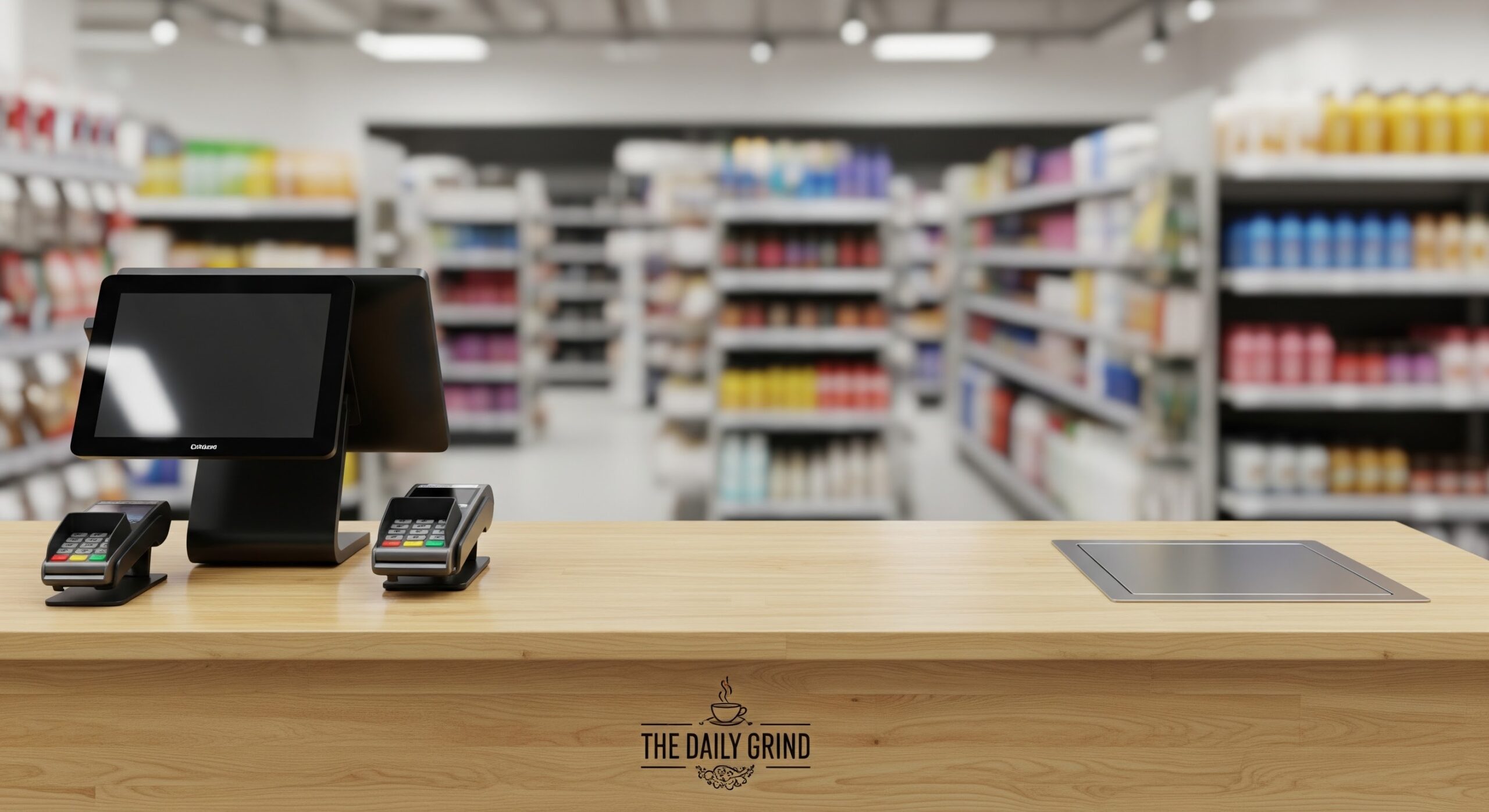 Imagem de um balcão de loja com sistema de checkout digital, incluindo uma tela de ponto de venda, leitor de cartão e uma mesa de apoio, em um ambiente de supermercado ou farmácia bem organizado.